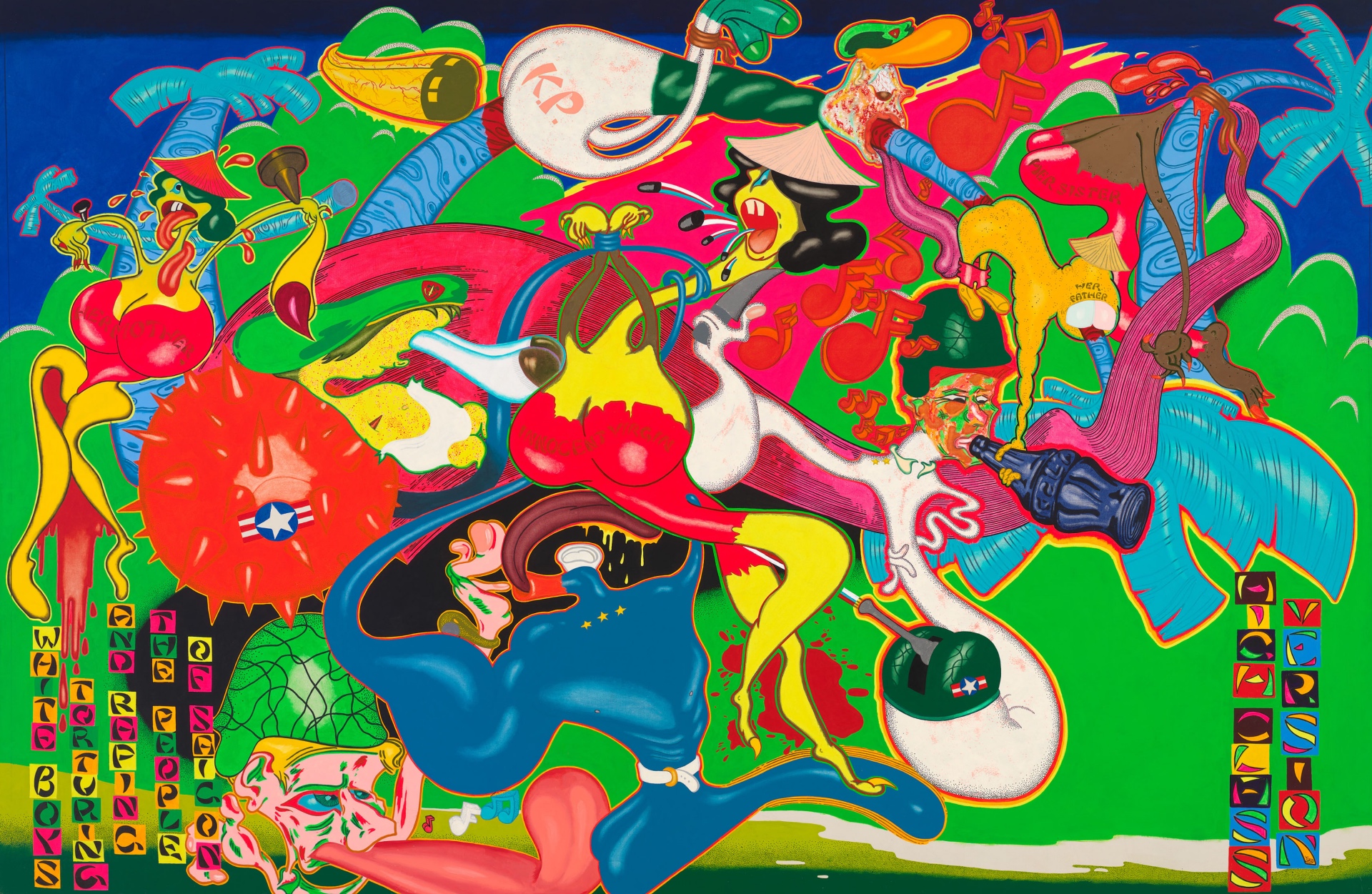 Peter Saul, Saigon, 1967, Acryl, Öl, Emaille und Tinte auf Leinwand, 236,9 x 361,3 cm, Whitney Museum of American Art, © Peter Saul, Foto: Sheldon C. Collins
