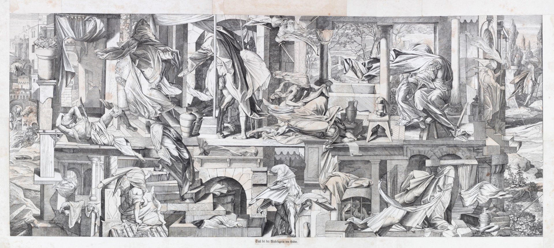Wilhelm Frederking, Saul bei der Wahrsagerin von Endor, Collage aus Original Illustrationen 19 J.h., 102 cm x 48 cm, 2015, courtesy the artist